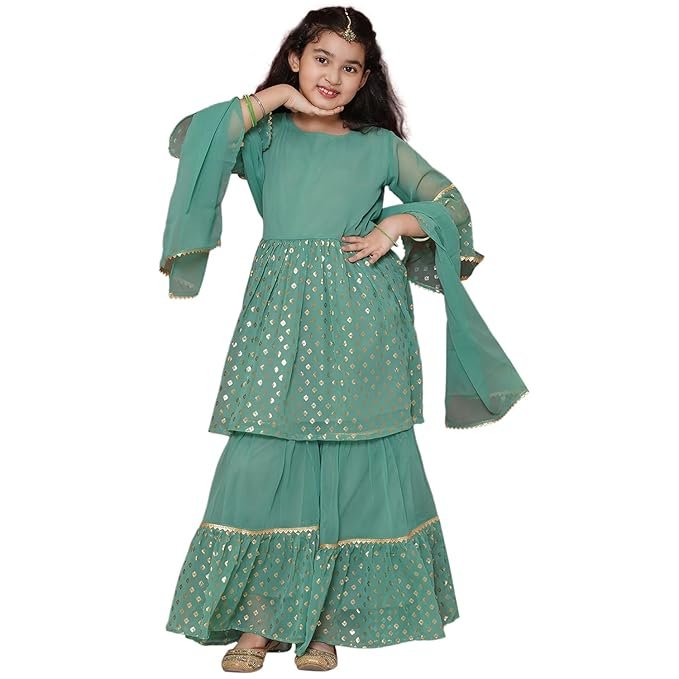 AJ DEZINES Kids Ethnic Wear Georgette Motif Printed Kurta Sharara Set for Girls