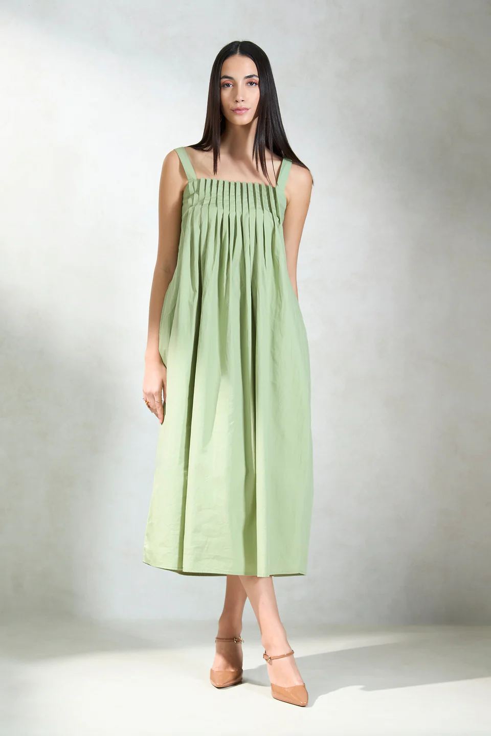 Sunheri 100% Cotton Front Pleated Smocked Midi Dress