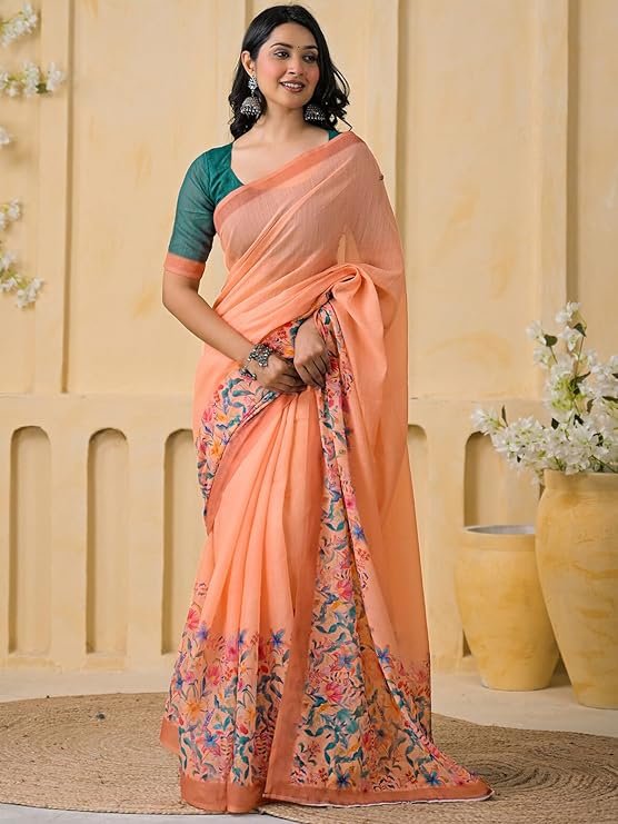 Women's Cotton Linen Printed Saree with Unstitched Blouse Piece